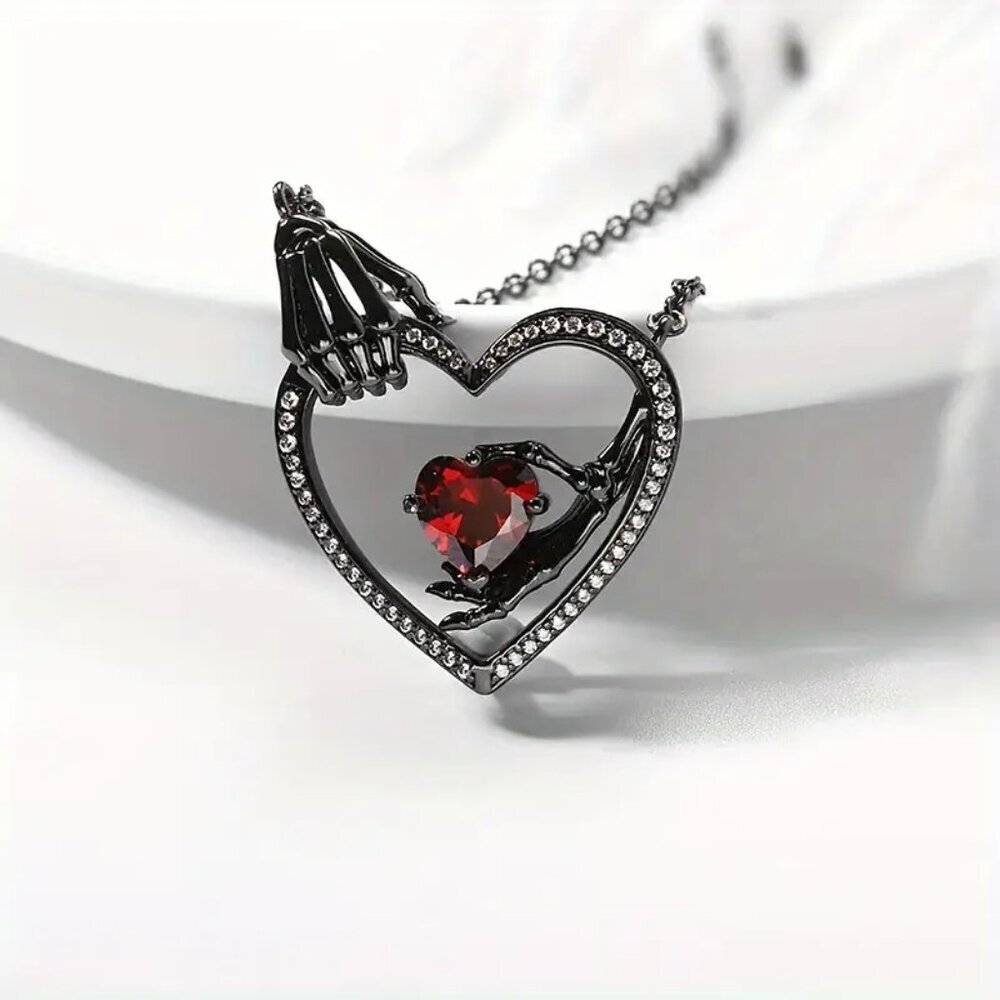 NEW Gothic Skeleton Hand Red Crystal Heart Pendant Necklace Black Gothic Jewelry